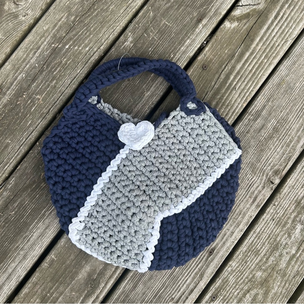 Handmade Crochet Shoulder Bag Tote Navy, White And Grey With Heart